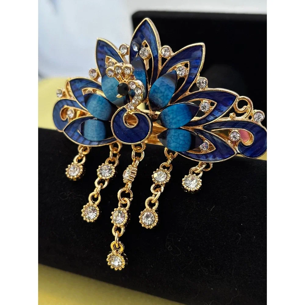 Jerrinnie Blue Peacock Enamel Rhinestone Hair Barrette Gold Tone Dangle Clip